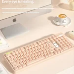 Detailed view of Peach Cream & Tofu SO Profile PBT keycaps set, showcasing their soft pastel hues and creamy, dessert-inspired aesthetic from a unique angle.