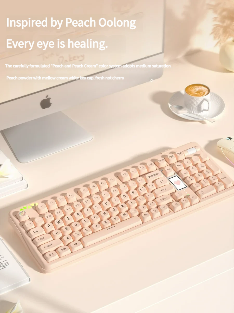 Detailed view of Peach Cream & Tofu SO Profile PBT keycaps set, showcasing their soft pastel hues and creamy, dessert-inspired aesthetic from a unique angle.