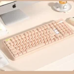 Detailed view of Peach Cream & Tofu SO Profile PBT keycaps set, showcasing their soft pastel hues and creamy, dessert-inspired aesthetic from a unique angle.