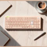 Peach Cream & Tofu Keycaps Set PBT set gallery, showing soft pastel hues and creamy textures from multiple angles. Highlights premium PBT material and unique SO profile.