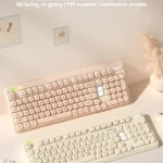 Multiple artistic views of Peach Cream & Tofu Keycaps Set, revealing their sweet pastel aesthetic, premium PBT texture, and distinct SO profile keycap set.
