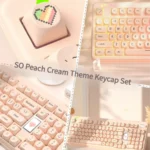 Multiple artistic views of Peach Cream & Tofu Keycaps Set, revealing their sweet pastel aesthetic, premium PBT texture, and distinct SO profile keycap set.