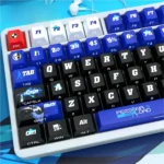 Premium Persona 3 Yuki Makoto backlit PBT keycaps set, showcasing their dark, stylized side-printed legends with subtle illumination from various angles.