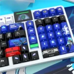 Side view of premium Persona 3 Yuki Makoto PBT keycaps set, revealing the intricate dark design and crisp, luminous side-printed legends with backlighting.