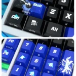 Close-up of Persona 3 Yuki Makoto side-printed PBT keycaps set, glowing subtly, embodying the dark, premium game aesthetic.