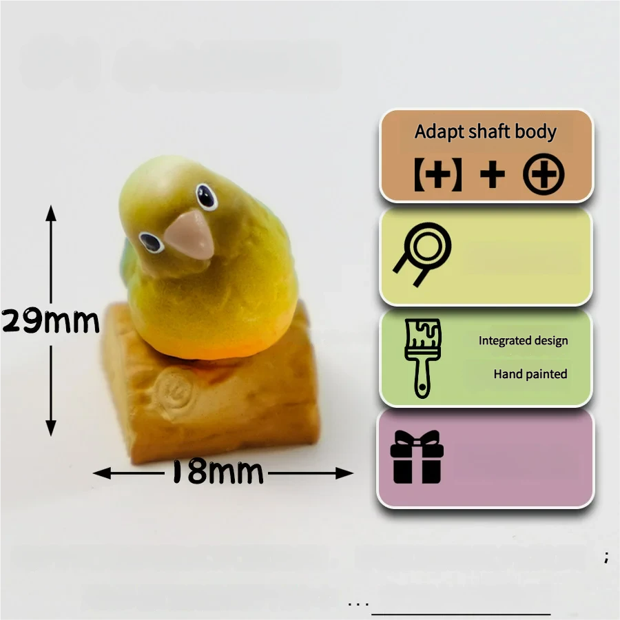 Vibrant handmade 3D Pineapple Conure Keycaps, showcasing a miniature tropical scene on a rustic base.