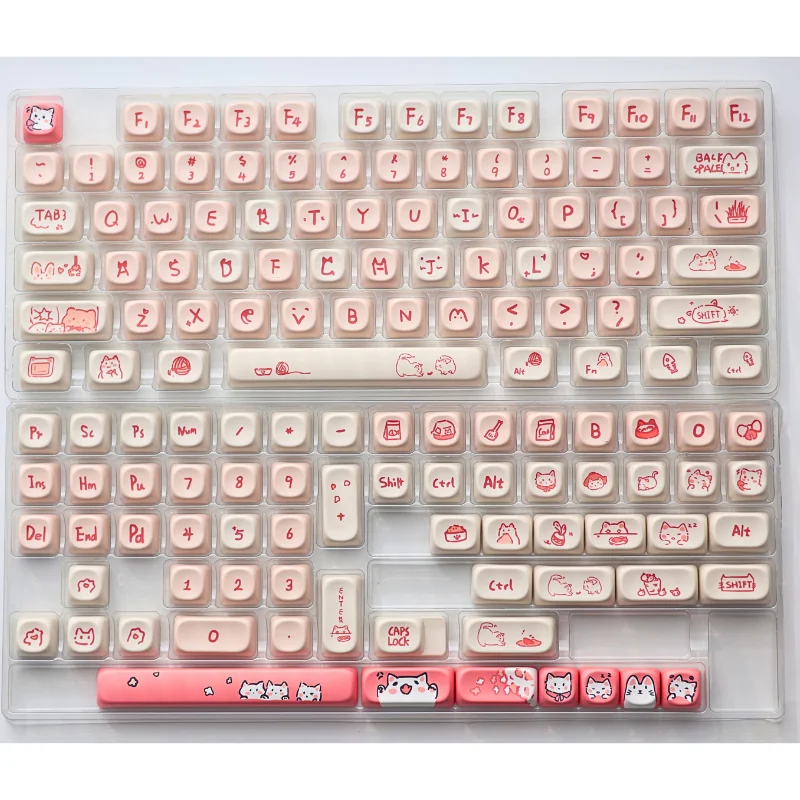Whimsical PBT Dye-Sub Pink Cat Keycaps set, photographed from multiple playful angles, highlighting the durable finish and charming animal illustration.