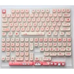 Close-up view of durable PBT Dye-Sub Pink Cat Keycaps Set, showcasing their whimsical pink cat and anime iconography from multiple playful angles.