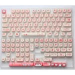 Charming Pink Cat Keycaps set, featuring durable PBT Dye-Sub keycaps with playful anime-inspired pink cat illustrations for a whimsical keyboard.
