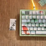 Close-up views of the Poetic Chinese Landscape PBT keycap set, showcasing intricate ink wash art and traditional motifs. Each keycap exudes serene.