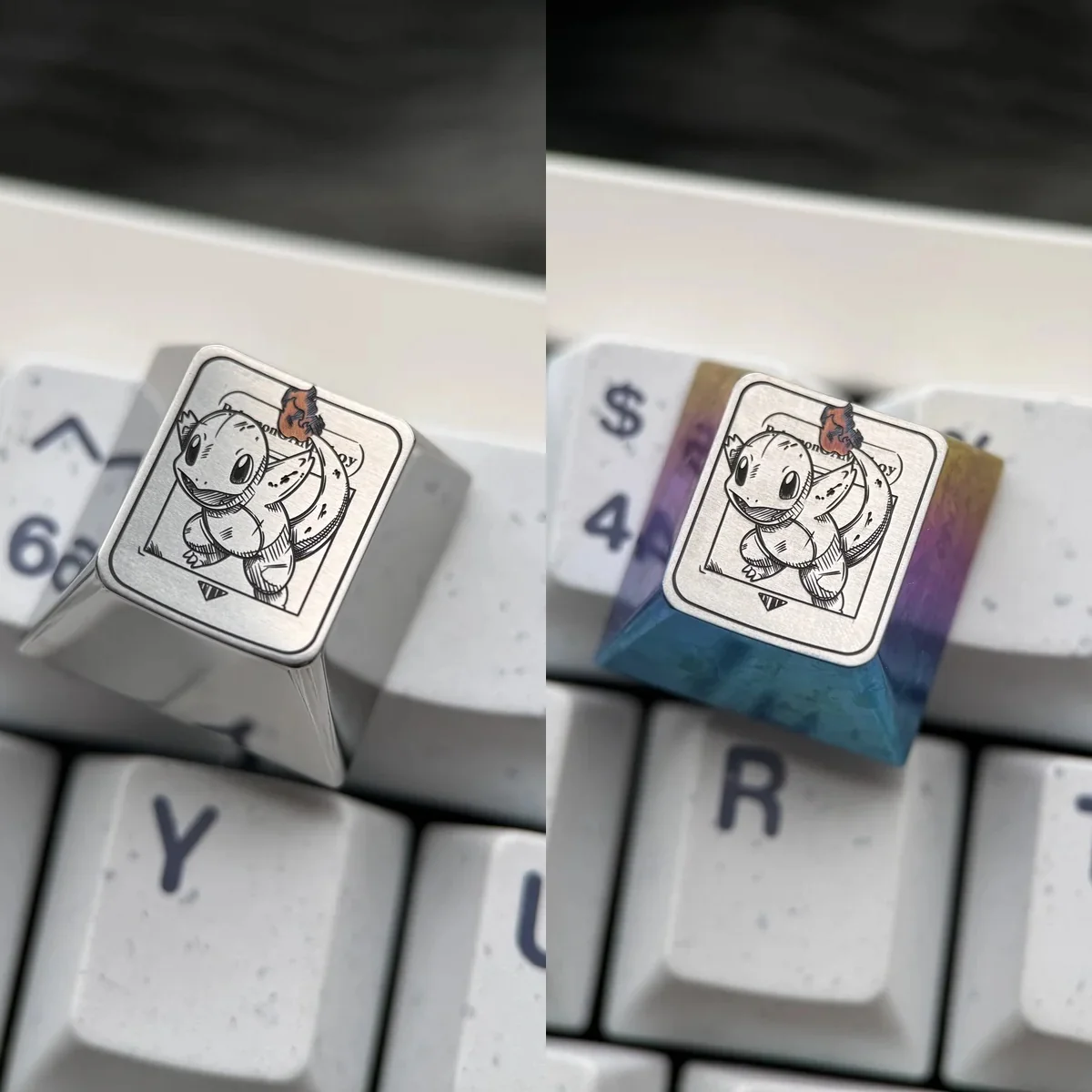 A detailed shot of the Charmander Titanium Pokemon Artisan Keycap, emphasizing its premium titanium alloy and iconic Pokemon design.