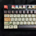 A gallery of durable PBT Pokemon side-legend keycaps set, showcasing iconic characters and their clean, minimalist design from various angles.