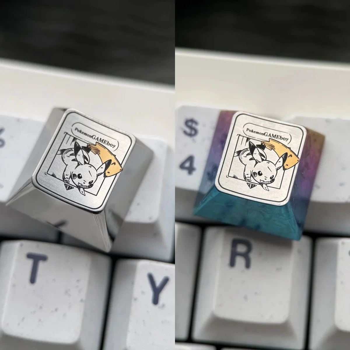 Close-up of a premium Pikachu Pokemon titanium keycap, an artisan ESC key, showcasing vibrant colors and sleek metallic craftsmanship.