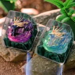 Exquisite handcrafted legendary Pokemon artisan keycap featuring intricate sculpture, vibrant colors, and translucent resin.