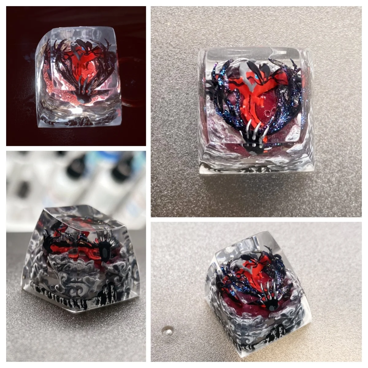 Handcrafted legendary Pokemon resin art keycaps, showcasing intricate mythical sculptures in translucent, vibrant resin from various artistic angles.