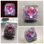 Gallery views of a handcrafted legendary Pokemon resin keycap, showcasing intricate mythical character details within translucent, vibrant resin.