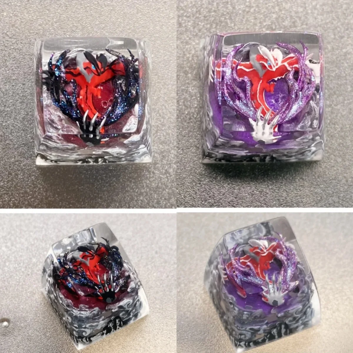 Handcrafted legendary Pokemon resin art keycap, showcasing intricate details, vibrant translucent colors, and mythical Pokemon sculpture.