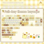 Adorable Pompompurin PBT keycaps set from multiple angles, showcasing cheerful yellow and brown character designs and durable PBT quality.