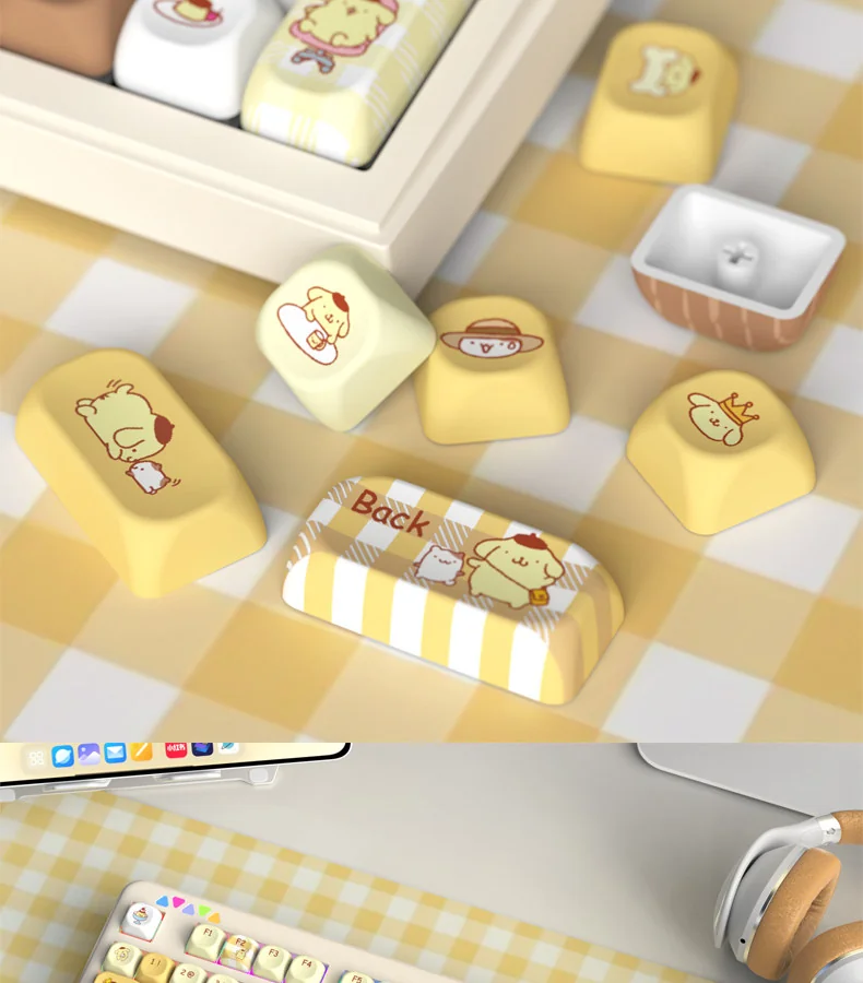 Various angles of the adorable Pompompurin PBT keycap set, featuring cheerful yellow and brown character designs and durable PBT quality.