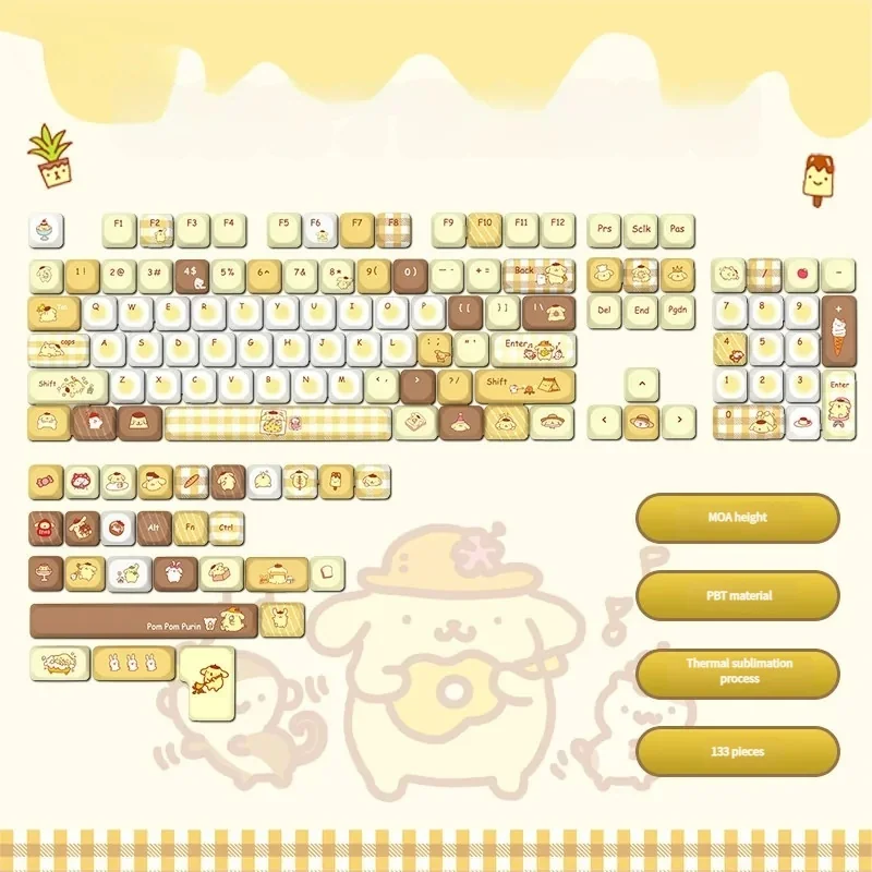Adorable Pompompurin PBT keycap set featuring the cheerful pudding dog character in warm yellow and brown, showcasing its durable quality.
