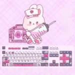 Multiple angles of the whimsical Rabbit Nurse PBT Keycap Set, showcasing adorable character art and soft, playful aesthetics on each keycap.