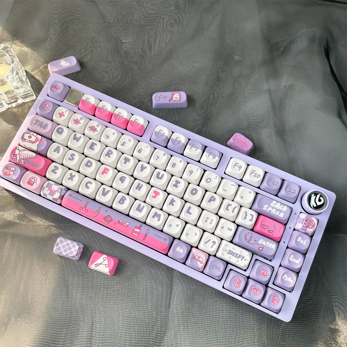 Adorable Rabbit Nurse PBT Keycap Set displayed in a whimsical main image, featuring soft pastel colors and playful character designs.