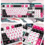 Close-up views of the iconic Racing Miku side-lit PBT keycaps set, highlighting their luminous, side-engraved legends and dynamic anime racing aesthetic.