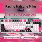 Iconic Racing Miku Side-Lit PBT Keycaps set, illuminated on a keyboard, highlighting vibrant side-engraved legends and dynamic anime racing aesthetic.