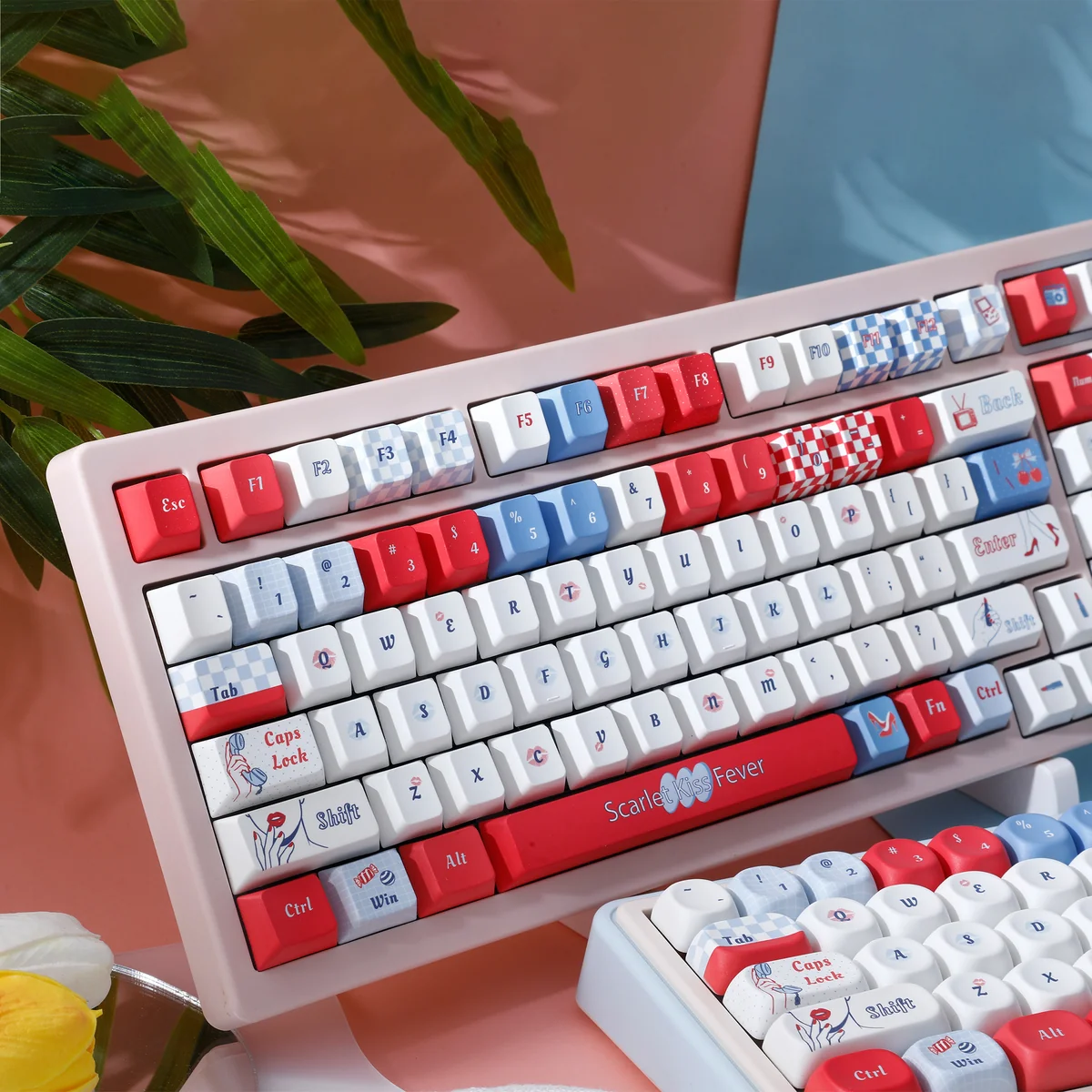 Red Lips Pop Art Keycaps Set for custom mechanical keyboards, showcasing the striking retro design with vibrant red lips and dynamic blue waves.