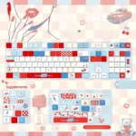 Striking Red Lips Pop Art keycaps set with vibrant front light-transmitting legends, featuring dynamic blue waves for custom keyboards.