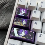 Angled view of the Chainsaw Man: Reze Tab Key Keycap, showcasing its ethereal purple ice crystal art and polished titanium alloy surface with metallic luster.