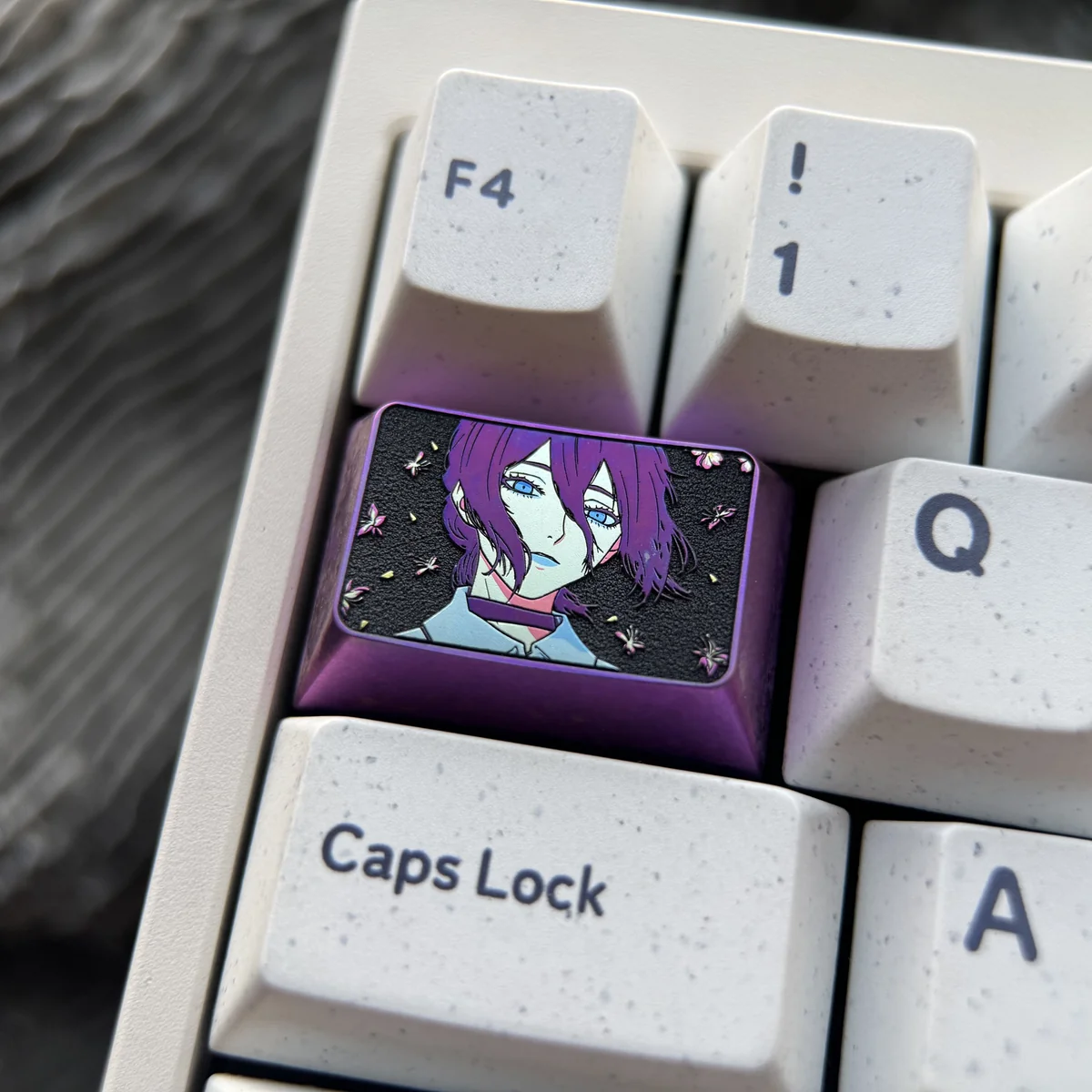 Chainsaw Man: Reze Tab Key Keycap main image, revealing ethereal purple ice crystal art on lustrous titanium alloy. A truly artistic, luxurious accessory.