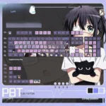 A vibrant set of Rikka Takanashi PBT shine-through keycaps set showcased, featuring playful anime art and ready for luminous RGB keyboards.
