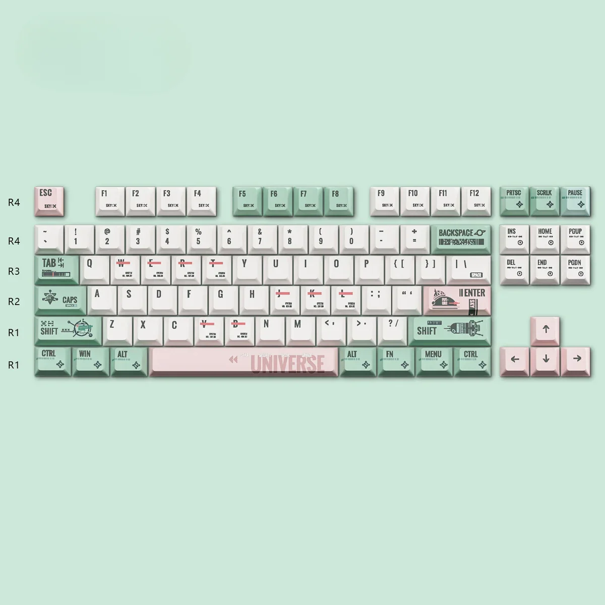 Rocket PBT keycaps set showcasing vibrant sci-fi legends and durable PBT texture from multiple angles, perfect for mechanical keyboards.