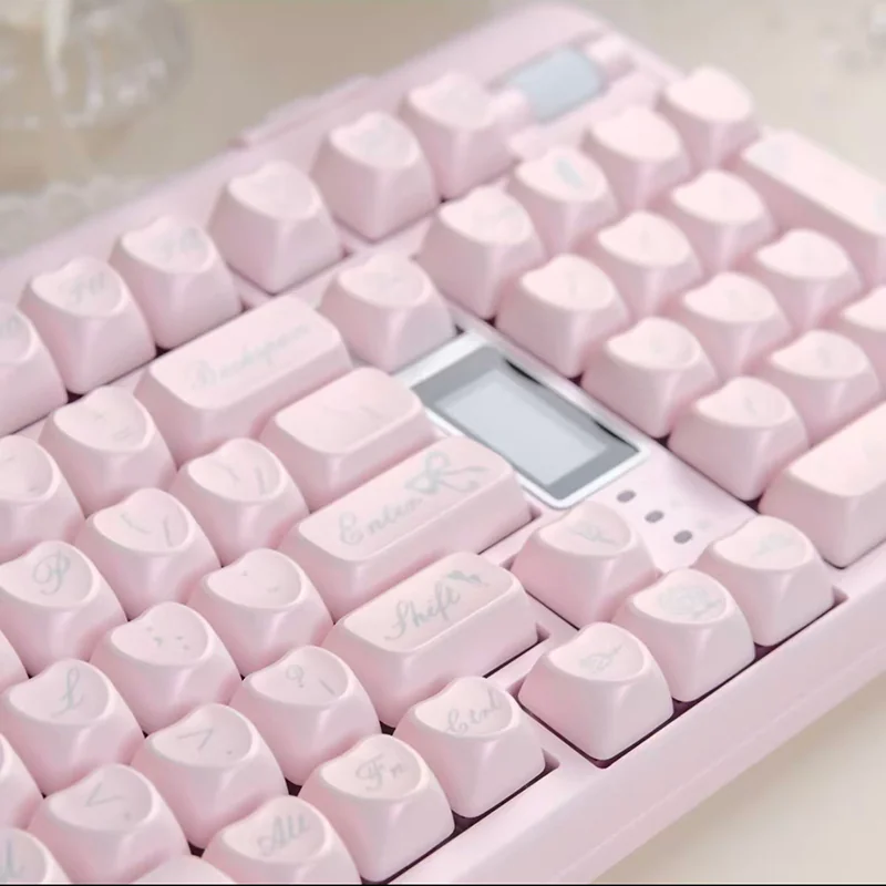 Exquisite Rococo Angel pearlescent PBT keycap set, seen from various angles. Showcases ornate angelic details, delicate pastel hues, and shimmering finish.