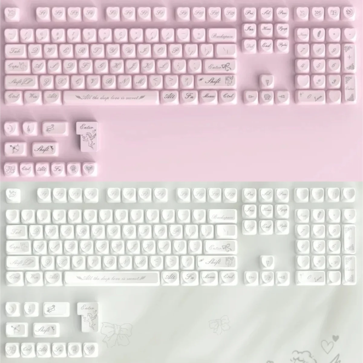 Exquisite Rococo Angel pearlescent PBT keycap set. An ornate angel design with delicate pastel hues and a shimmering finish for an ethereal keyboard.