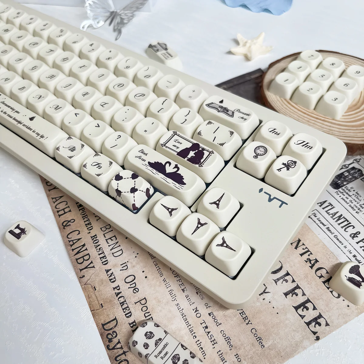 Encounter Romantic Series Keycap Set. Durable PBT, dye-sub, soft pastels, delicate romantic illustrations, elegant legends, shown from various angles.