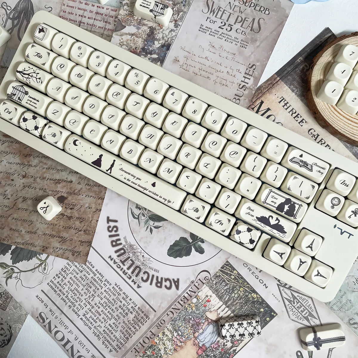 Encounter Romantic Series Keycap Set, showing a close-up of several durable PBT keys with soft pastel, full dye-sublimation illustrations.