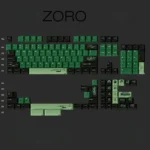 Close-up view of vibrant Roronoa Zoro PBT dye-sub keycaps set, showcasing high-detail anime artwork and crisp legends on durable PBT.