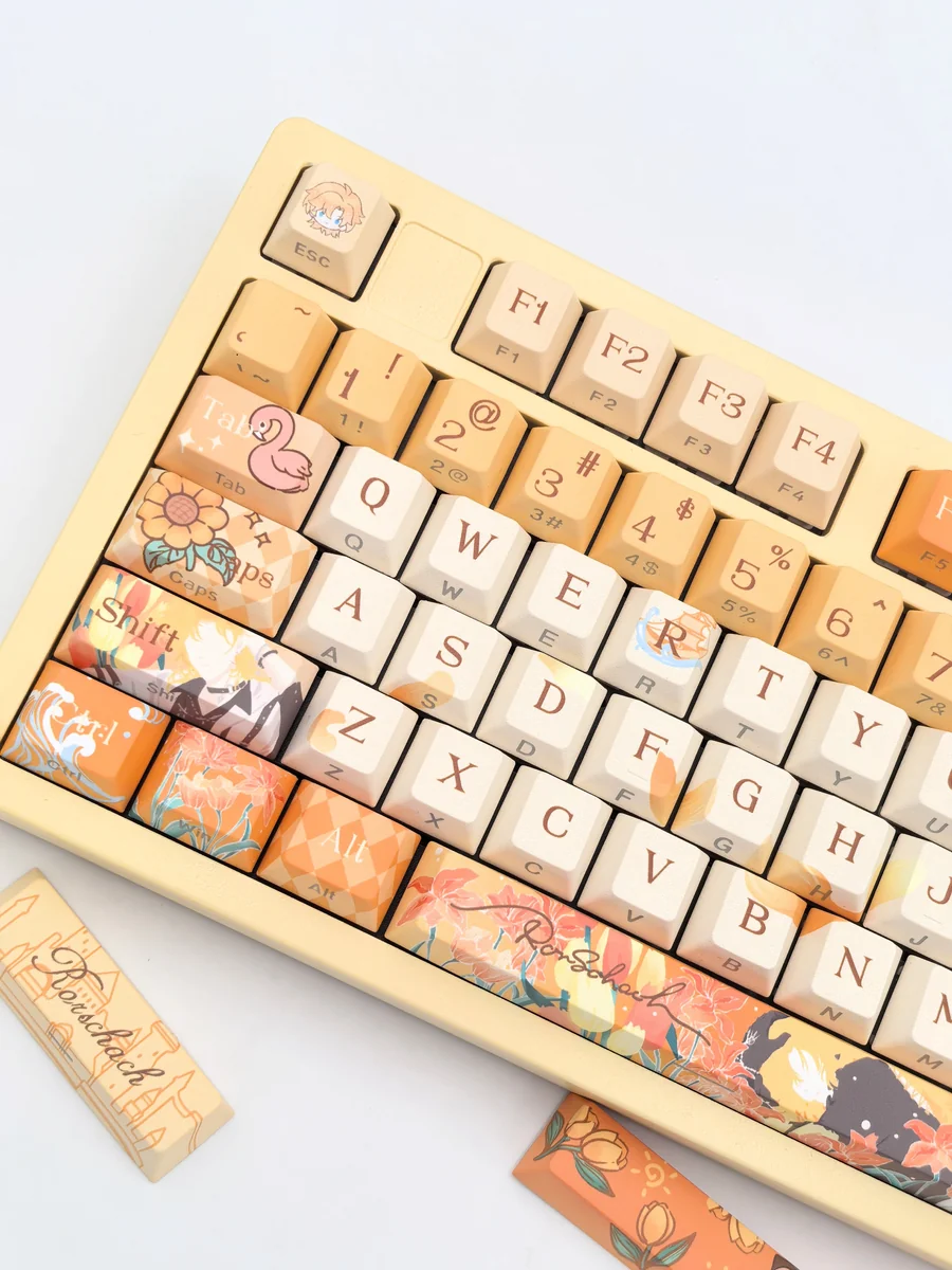 Multiple angles of the exclusive Rorschach Keycap Set, a side-engraved Lovebrush Chronicles tribute, showcasing its elegant character-inspired design.