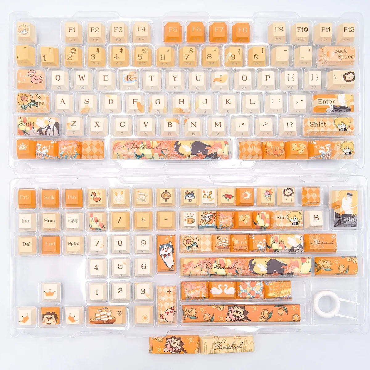 Exclusive Lovebrush Chronicles Rorschach side-engraved keycap set, elegantly displayed from different angles, highlighting its unique character-inspired.