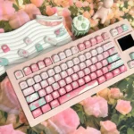 Charming Pink Rose Bunny PBT keycaps set from the Garden Set, showcasing various angles of the whimsical pastel rabbit and rose motifs.
