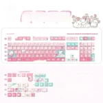 Charming Rose Bunny PBT Keycaps Garden Set. Views showcase soft pastel pink, whimsical rabbit and rose motifs for a dreamy, playful keyboard.