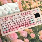 Charming Rose Bunny PBT Keycaps set in soft pastel pink, featuring whimsical rabbit and rose motifs from the Garden Set.