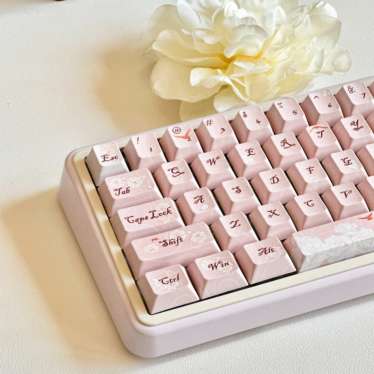 Rose Letter PBT Keycaps Set gallery, showcasing the exquisite romantic diary design from multiple angles, featuring delicate roses and vintage letter motifs.