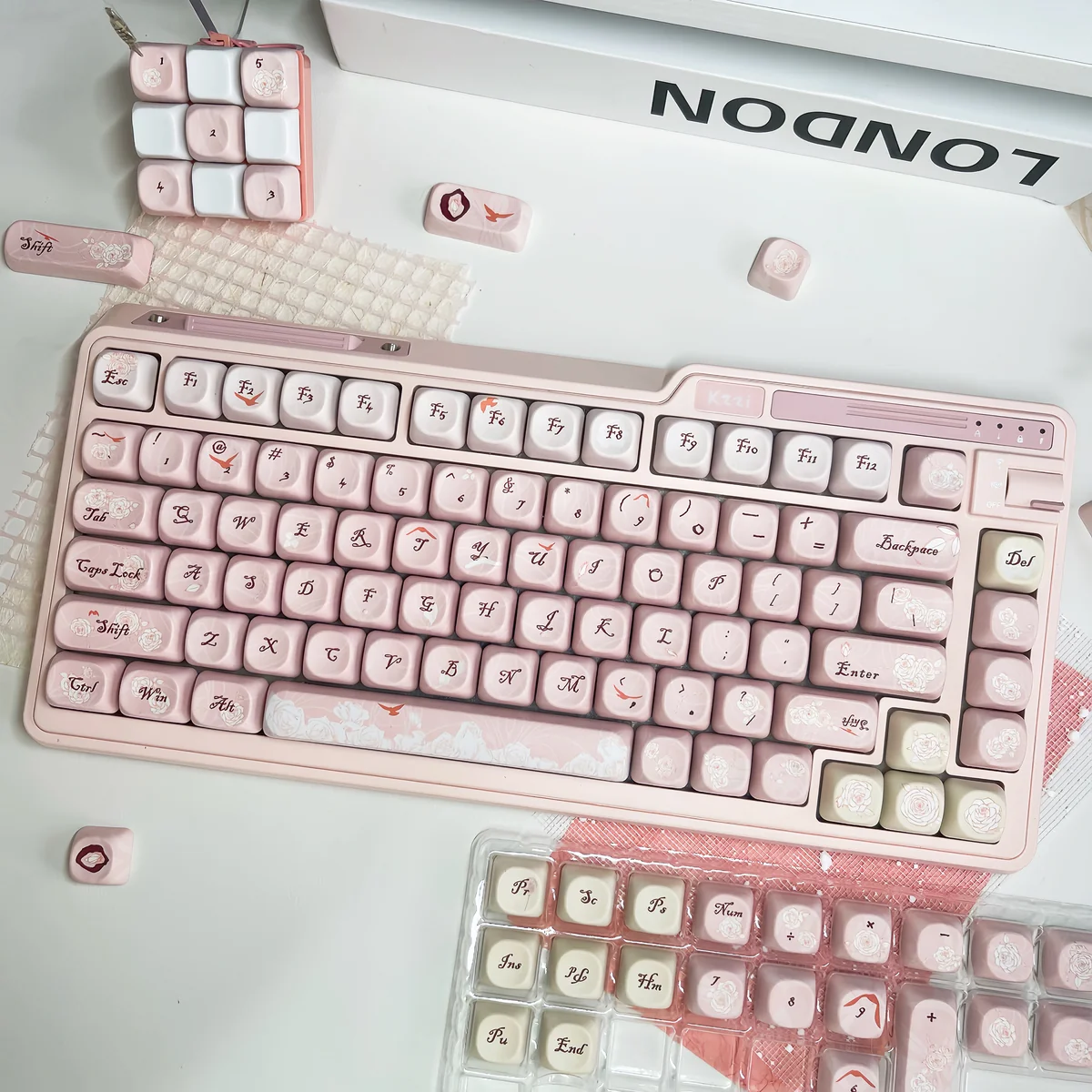 Rose PBT Keycaps Set showcasing an exquisite romantic diary design with delicate roses and vintage letter motifs, creating a truly artistic keyboard aesthetics.
