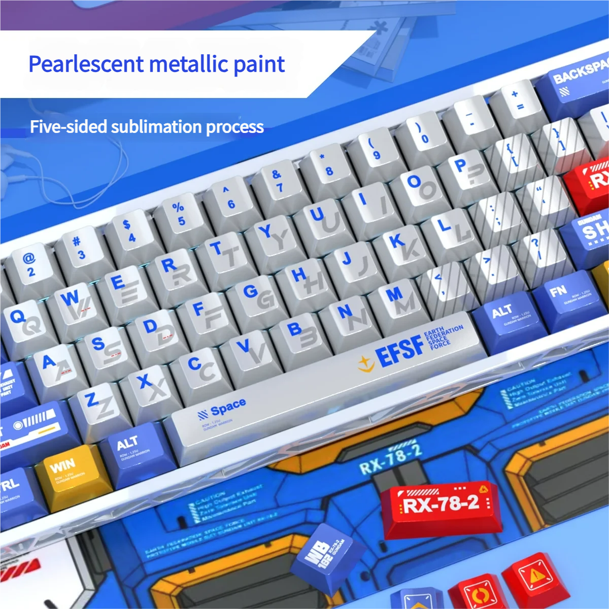 Gleaming Gundam Metallic PBT keycaps set, showcasing iconic mecha aesthetics from various angles. Magnetic switch compatible for Wooting keyboards.