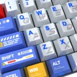 Gundam Metallic PBT keycaps set for Wooting, displayed from diverse angles, highlighting their iconic mecha design and gleaming pearlescent finish.