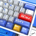 Gundam Metallic PBT keycaps set displayed from multiple angles, highlighting its gleaming mecha aesthetic. Optimized for Wooting magnetic switch keyboard.