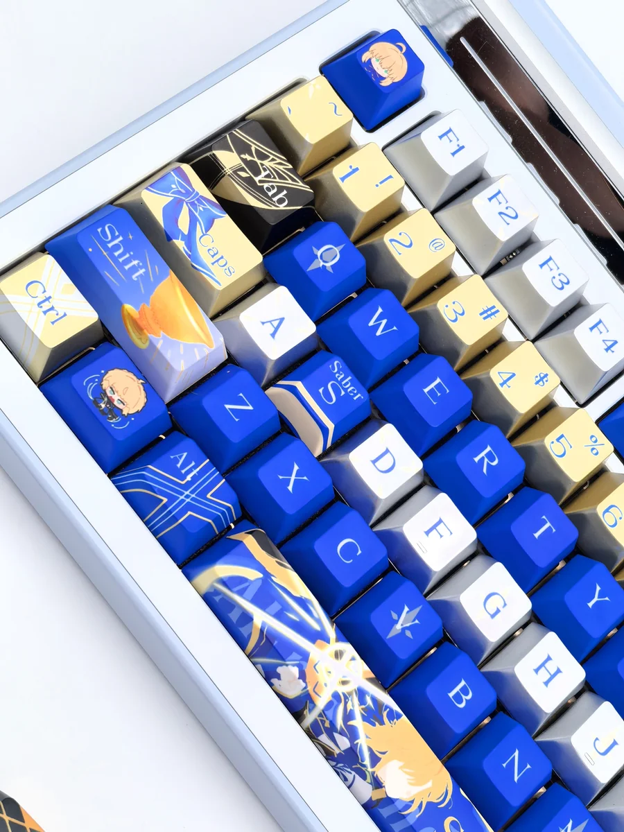 A close-up of Saber Excalibur metallic coating PBT dye-sub keycaps set, highlighting the intricate Saber-themed dye-sublimation and premium metallic sheen.